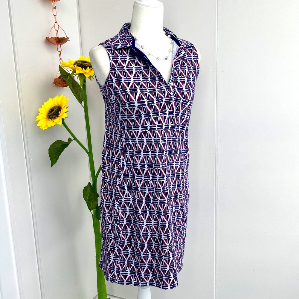 Lands' End Navy, White, and Salmon Polo Style Boat Print Preppy Midi Tank Dress